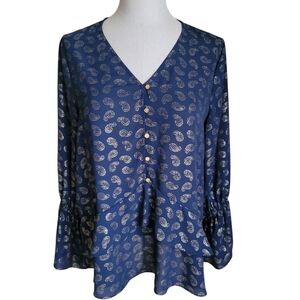 NWOT Michael Kors Navy V-neck Blouse Paisley Pattern Bell Sleeve Size M